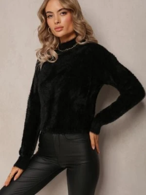 Czarny Dzianinowy Sweter z Dłuższym Włosiem i Półgolfem Christiam j&x
