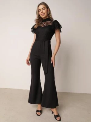 Czarny Elegancki Kombinezon VICES z Koronkową Górą i Rozszerzanymi Nogawkami Talinoe