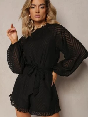 Czarny Elegancki Kombinezon z Tłoczonym Wzorem Falbankami i Bufiastymi Rękawami Dalisa retro & icone
