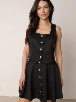 Czarny Elegancki Komplet Kamizelka i Rozkloszowana Spódnica z Guzikami Merireida m&d fashion