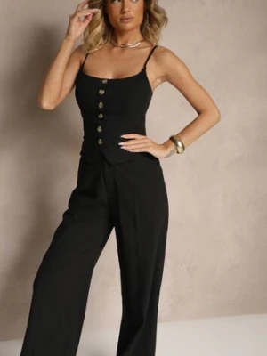 Czarny Elegancki Komplet Top z Guzikami i Szerokie Spodnie z Wiskozy i Bawełny Divianne elsa.m by may