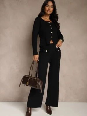 Czarny Elegancki Komplet z Dzianiny z Wiskozą Kardigan i Spodnie Delinavea