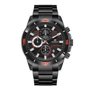 Czarny elegancki zegarek męski bransoleta duży solidny Perfect CH02M czarny Merg