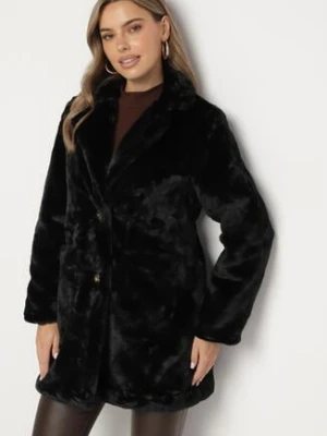 Czarny Futerkowy Płaszcz Jednorzędowy z Kieszeniami i Eleganckim Kołnierzem Daienna fashion