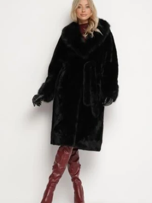 Czarny Futerkowy Płaszcz z Szerokim Kołnierzem i Mankietami z Wiązanym Paskiem Viaruna yu & me