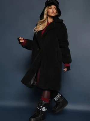 Czarny Futrzany Płaszcz Teddy Zapinany na Guziki Bathalasa