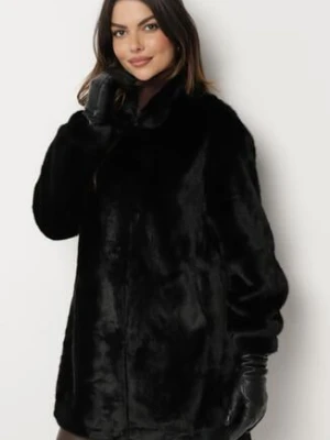 Czarny Futrzany Płaszcz ze Stójką i Kieszeniami Salinea ann gissy