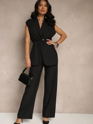 Czarny Garniturowy Komplet Kamizelka z Wiązaniem i Spodnie o Szerokim Kroju Davielis jumelle