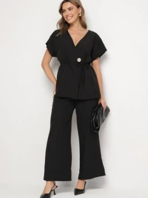 Czarny Garniturowy Komplet Marynarka z Paskiem i Szerokie Spodnie Milsedi allyson