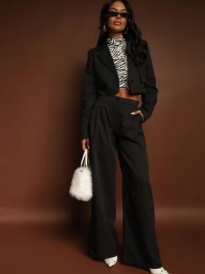 Czarny Garniturowy Komplet Marynarka Cropped i Szerokie Spodnie Mairilee