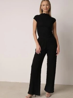 Czarny Gładki Komplet Szerokie Spodnie i Marszczona Bluzka ze Stójką Merithie
