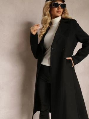 Czarny Gładki Płaszcz z Materiałowym Paskiem i Zapięciem na Napy Arkella