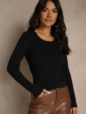 Czarny Gładki Sweter z Wiskozą z Metaliczną Nicią i Guzikami przy Dekolcie Lilivea