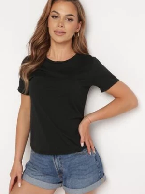 Czarny Gładki T-shirt z Krótkim Rękawem Elldora