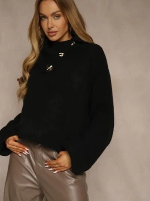 Czarny Golf Oversize z Wełną Ozdobiony Guzikami Videsa