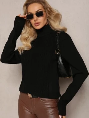 Czarny Golf z Dzianiny Ozdobiony Splotem z Długimi Rękawami i Ściągaczami Juniro j&x