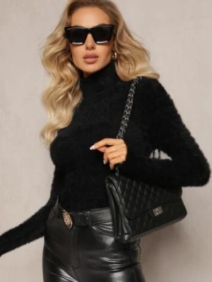 Czarny Golf z Dzianiny z Długim Włosem i Dodatkiem Wełny Gerdonna j&x