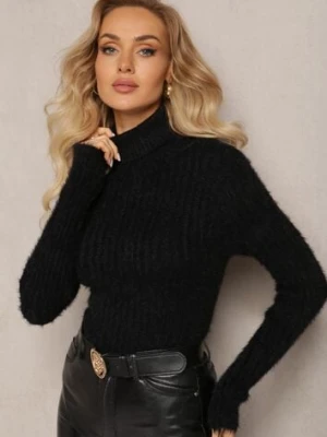 Czarny Golf z Puchatego Materiału z Wełną i Długim Rękawem Geolla j&x