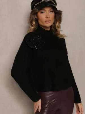 Czarny Golf z Wełną o Kroju Oversize z Kwiatem 3D i Cekinami Zolimi bisou's project