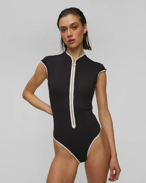 Czarny Jednoczęściowy Strój Kąpielowy Damski Seafolly Cap Sleeve Zip Front One Piece