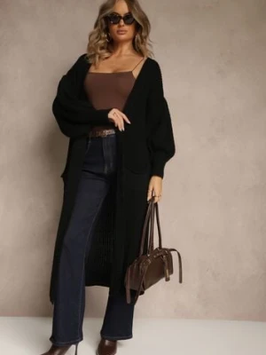 Czarny Kardigan Długi z Bufiastym Rękawem Mesho pretty