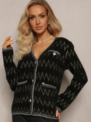 Czarny Kardigan na Guziki w Cyrkonie z Metaliczną Nitką Sianasa elsa.m by may