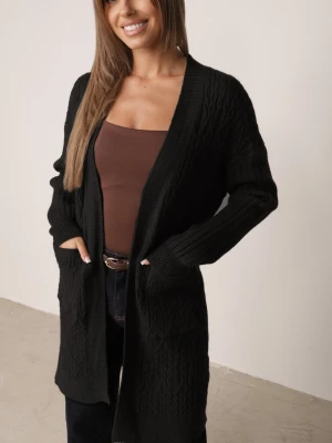 Czarny Kardigan o Długim Kroju z Warkoczowym Splotem Lerlit M&d Fashion