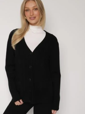 Czarny Kardigan z Bawełną Zdobiony Warkoczowym Splotem i Kieszeniami Mevesava