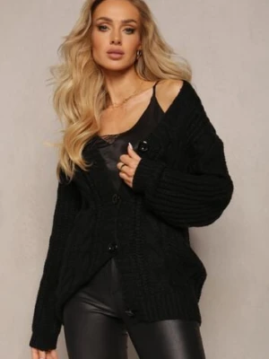Czarny Kardigan z Długim Rękawem i Splotem w Warkocze Zapinany na Guziki Relipma ambitionfly
