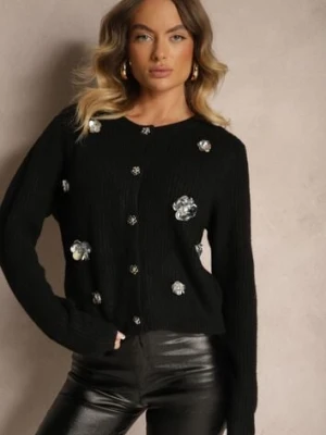Czarny Kardigan z Dodatkiem Wełny na Guziki z Kwiatami 3D Zemisya acajo