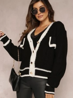 Czarny Kardigan z Dzianiny z Ozdobną Lamówką i Guzikami Amesta lily rose