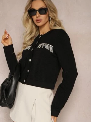 Czarny Kardigan z Frędzlami Ozdobionymi Cyrkoniami i Guzikami w Kształcie Kwiatków Alinessa elsa.m by may