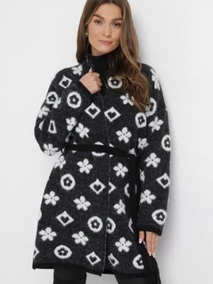 Czarny Kardigan z Graficznym Kwiatowym Wzorem i Wiązanym Paskiem Juulia studio eleven