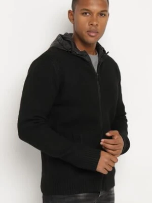 Czarny Kardigan z Kapturem z Dzianiny z Wiskozą Zapinany na Suwak Etalitia