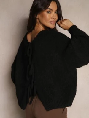 Czarny Kardigan z Wełną o Kroju Oversize z Wiązanymi Kokardami Elearina jumelle