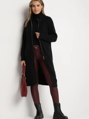 Czarny Kardigan z Wełną o Prostym Długim Kroju ze Stójką Zapinany na Suwak Boniala j&x