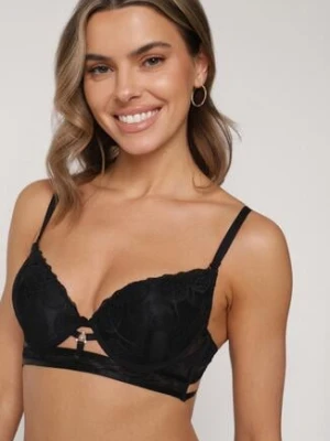 Czarny Klasyczny Biustonosz Zdobiony Koronką i Aplikacją Metheis