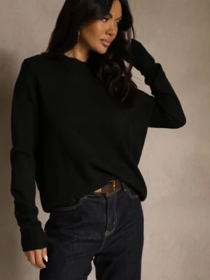 Czarny Klasyczny Sweter z Wełną i Bawełną Bez Zdobień Neandia