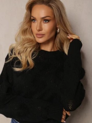 Czarny Klasyczny Sweter ze Splotem w Serca i Ściągaczami Miadove moni&co