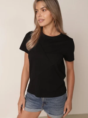 Czarny Klasyczny T-shirt z Bawełny Zdobiony Przeszyciami w Romby Onissa Rosse Line