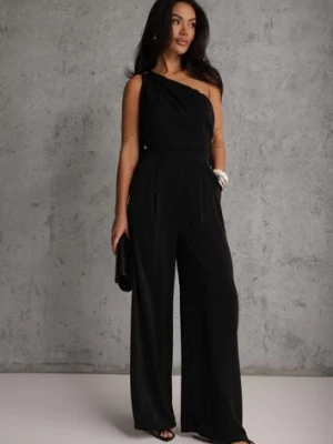 Czarny Koktajlowy Kombinezon Asymetryczny o Kroju na Jedno Ramię z Klamrą Hurinex allyson