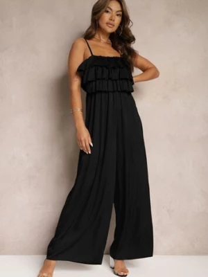 Czarny Koktajlowy Kombinezon na Ramiączkach z Regulacją i Gumką w Talii Uesvia lovery