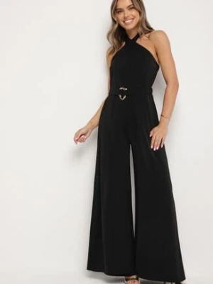 Czarny Koktajlowy Kombinezon Wiązany na Szyję z Paskiem Melafela new collection
