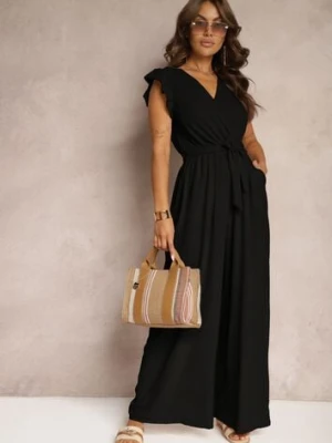 Czarny Koktajlowy Kombinezon Wiązany Paskiem Wykończony Falbankami przy Ramionach Vimaseni lovery