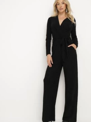 Czarny Koktajlowy Kombinezon z Wiskozą Szerokimi Nogawkami i Paskiem w Talii Mianelle by swan
