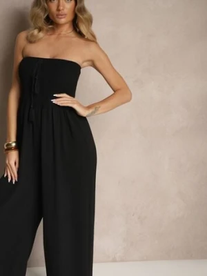 Czarny Kombinezon Bandeau z Szeroką Nogawką Zdobiony Frędzlami Dovaira h&s