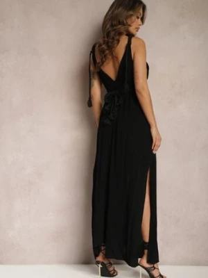 Czarny Kombinezon bez Rękawów z Gumką w Talii z Wiskozy i Lnu Nehir