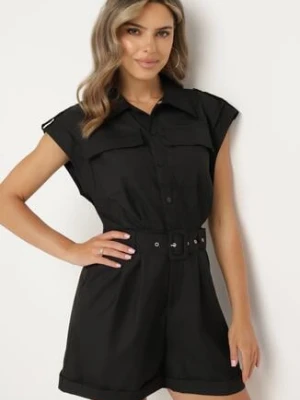 Czarny Kombinezon bez Rękawów Zapinany na Guziki z Materiałowym Paskiem Tiamarlia bisou's project