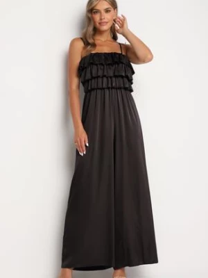 Czarny Kombinezon Koktajlowy na Regulowanych Ramiączkach z Falbankami i Gumką w Pasie Tesvia lovery