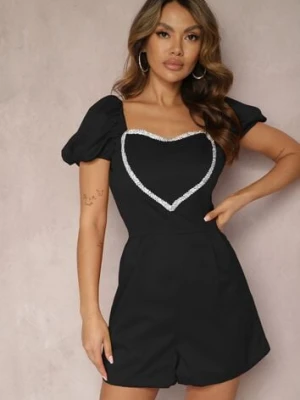 Czarny Kombinezon Krótki z Opadającymi Rękawami i z Serduszkiem z Cyrkonii Yelara elsa.m by may